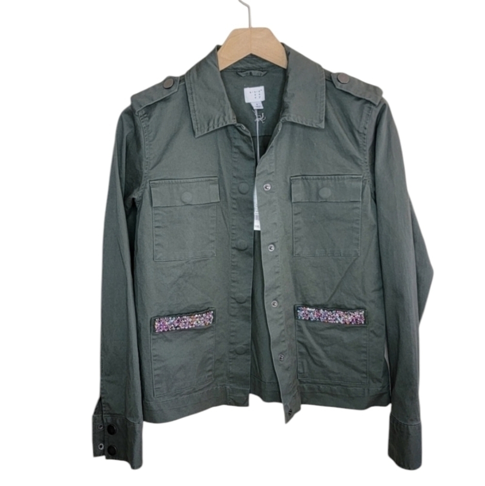 NWT A New Day Olive Green Cropped Utility Jacket with Beaded Pocket Details